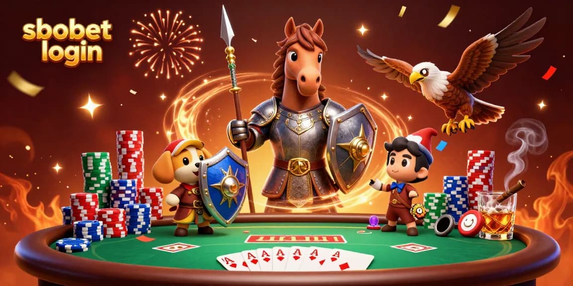 Engage in sbobet login at a vibrant poker showdown featuring a knight, a puppy squire, and a falcon.