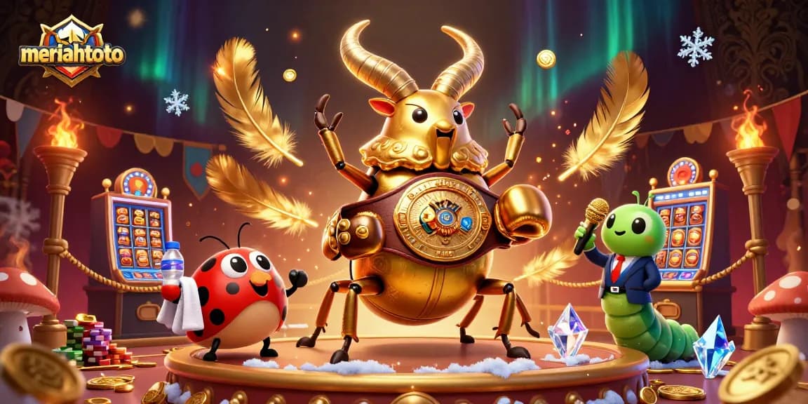 Jelajahi lingkungan permainan kasino yang seru dengan meriahtoto dan karakter menarik dalam ilustrasi 3D.