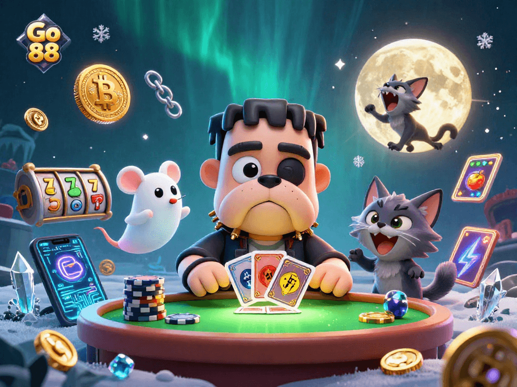 Go 88's Frankenstein bulldog deals cards amidst surreal casino elements and crypto coins for a thrilling gaming scene.