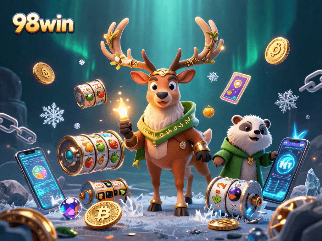 Experience thrilling gambling action at 98win with vibrant 3D characters and casino elements
