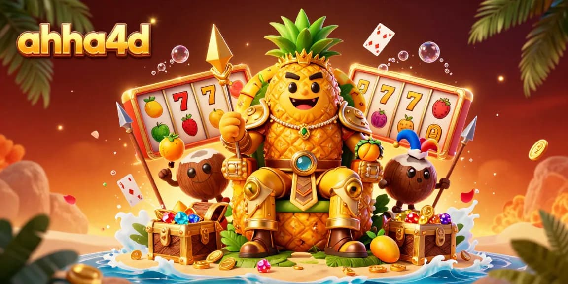 Gambarlah ahha4d dalam suasana kasino dengan raja nanas emas dan simbol slot memukau.