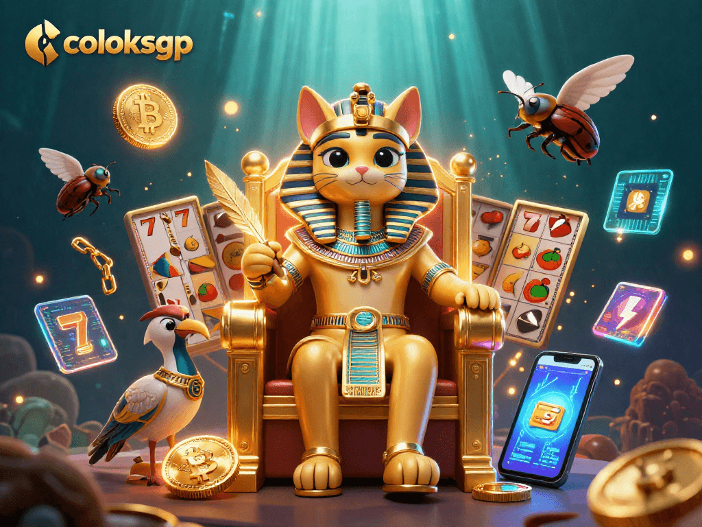 Menang besar di coloksgp dengan karakter kucing firaun dan simbol permainan slot yang menarik.
