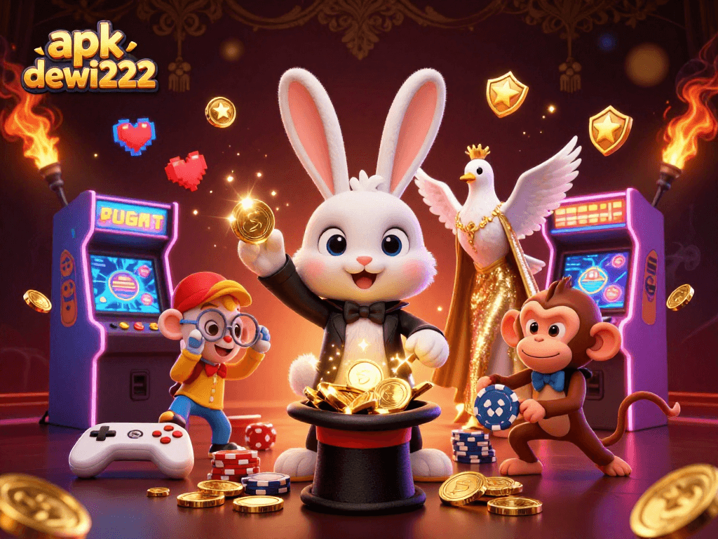 Menangkan jackpot dengan apk dewi222, ilustrasi kasino 3D yang menampilkan karakter kartun dan berbagai elemen permainan.
