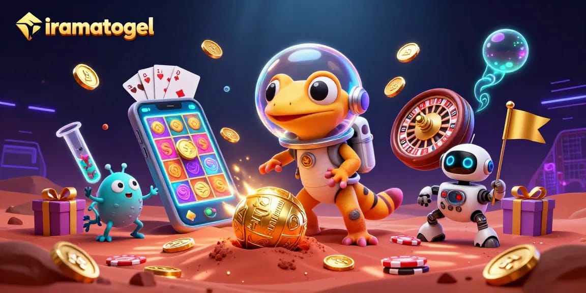 Menghadapi tantangan iramatogel, gecko Martian menjelajahi kasino emas di Mars yang dikelilingi slot dan permainan kartu.