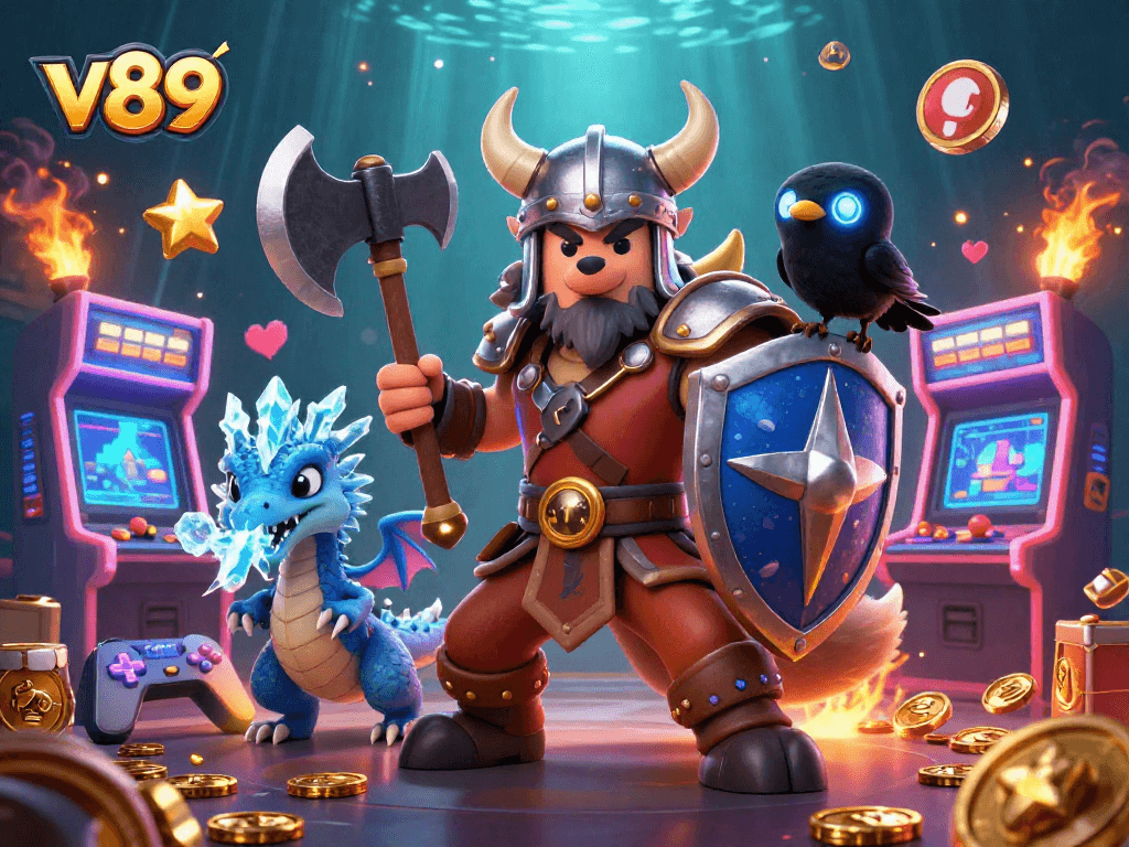 Permainan slot v89 menampilkan pejuang serigala Viking, naga, dan elemen mesin permainan yang cerah.