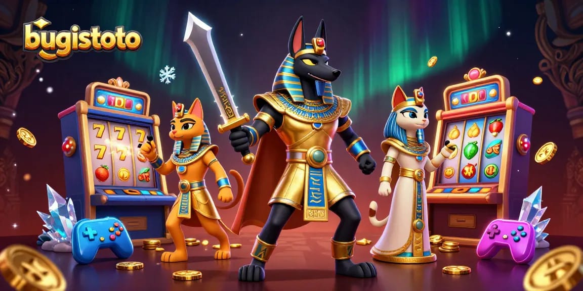 Menangkan permainan bugistoto dengan karakter Anubis dan Bastet dalam suasana kasino yang penuh warna.