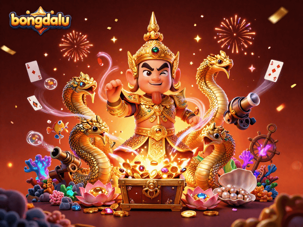 Bongdalu presents a vibrant scene with a guardian and golden serpents bringing sports excitement and treasure.