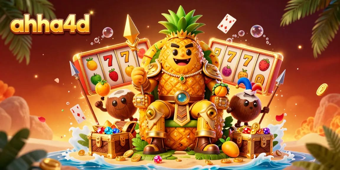 Gambarlah ahha4d dalam suasana kasino dengan raja nanas emas dan simbol slot memukau.
