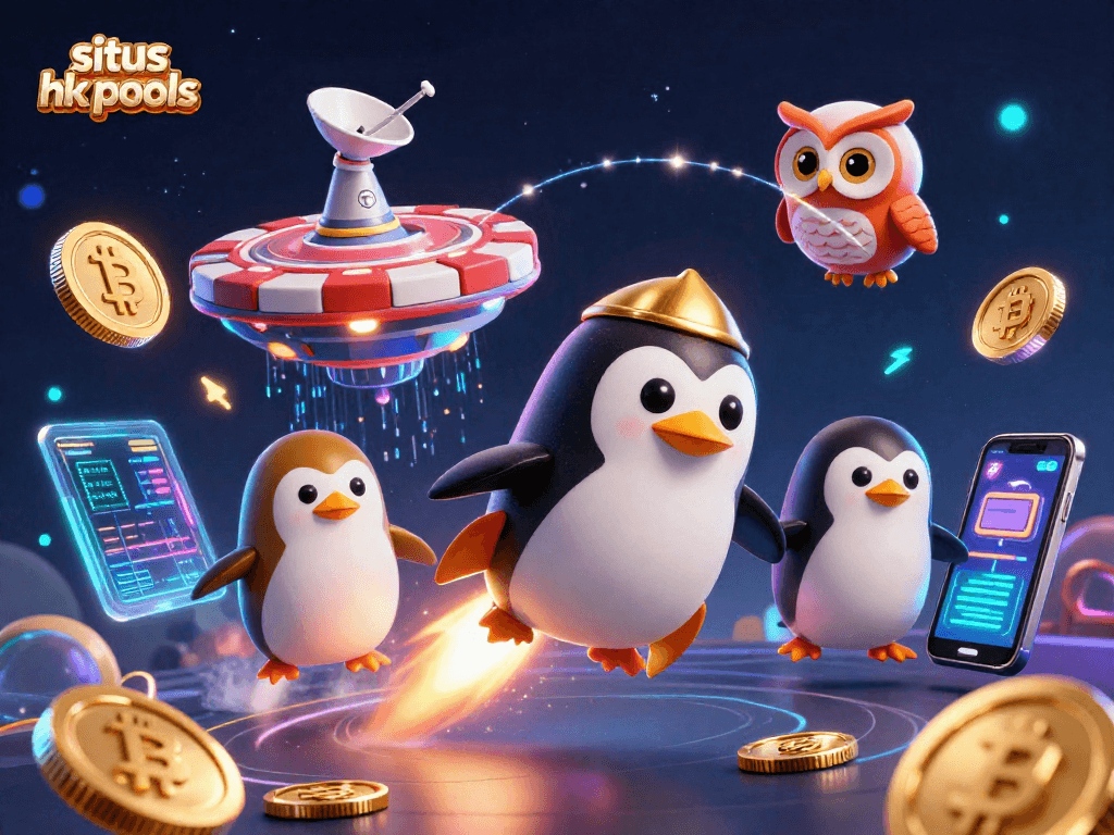 Memenangkan taruhan di situs hk pools dengan penguin emas berbahan kartun dalam ilustrasi 3D yang menarik.