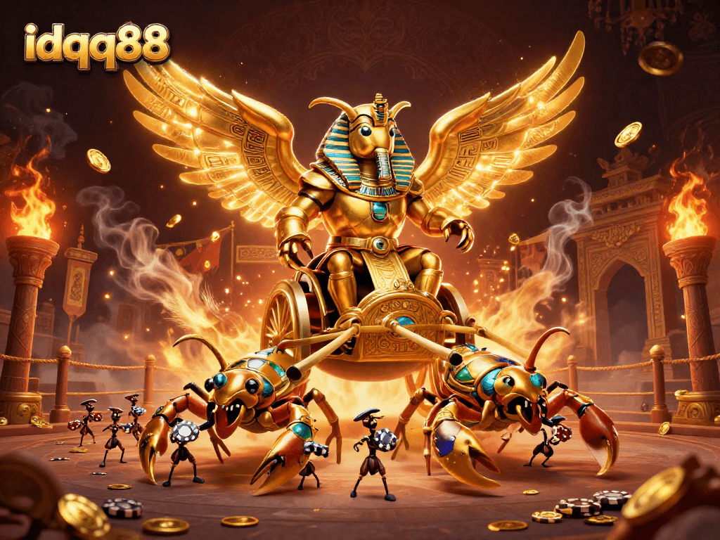 Engage in high-stakes gameplay at idqq88 with a stunning golden beetle and scorpions.
