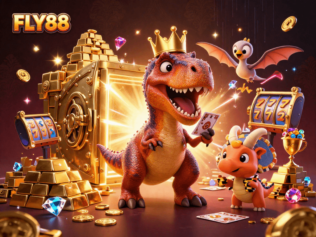 FLY88 showcases a vibrant casino atmosphere with dinosaurs playing cards and stacking chips.