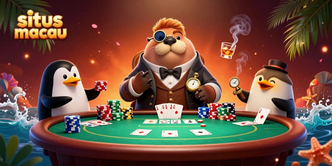 Experience situs macau with a playful underwater poker scene featuring unique sea creature players.
