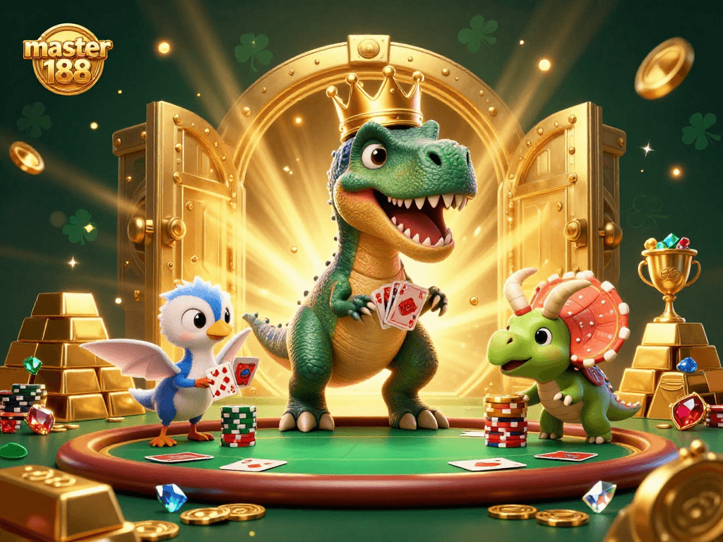 Master188’s 3D gaming scene with T-Rex shuffling cards and vibrant poker elements.